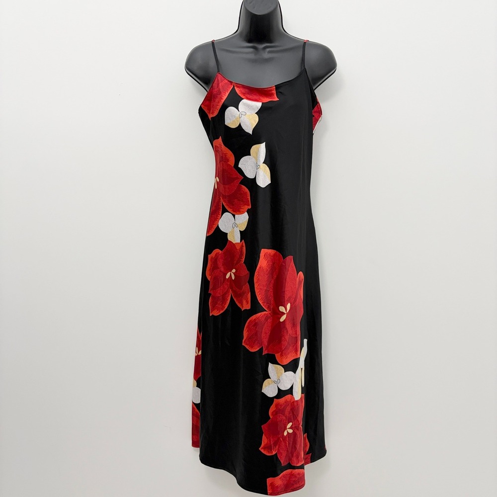 Natori Slip Dress Floral Print Satin Midi Size S Black Red